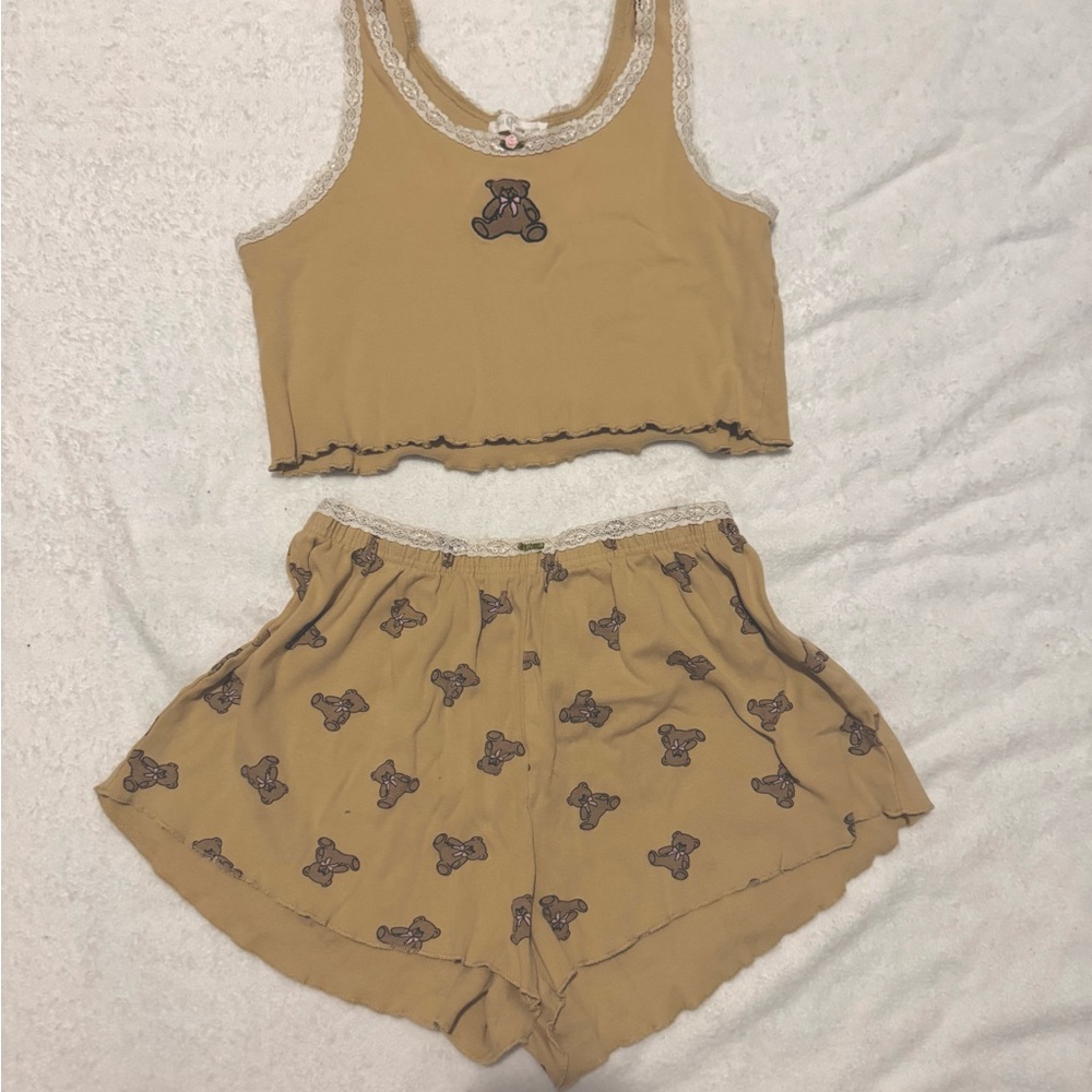 Women's Tan Sleepwear Set with Bear Print